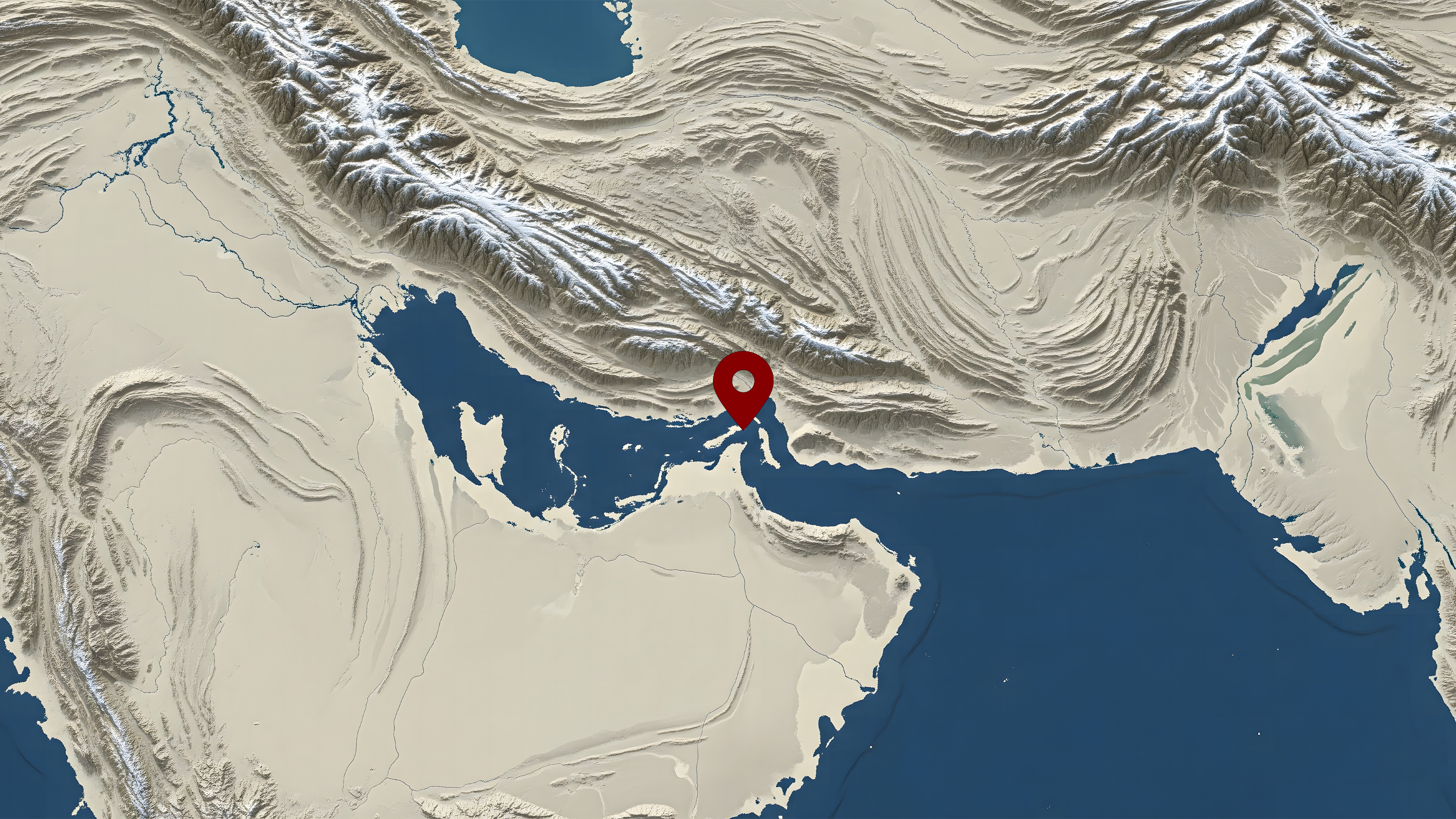 „3D terrain map showing the landscape and coastline near the Strait of Hormuz, with elevation and shading in an angled perspective, no text or labels, in 16:9 ratio” Iran, Ormuz i wojna o globalne przepływy energii